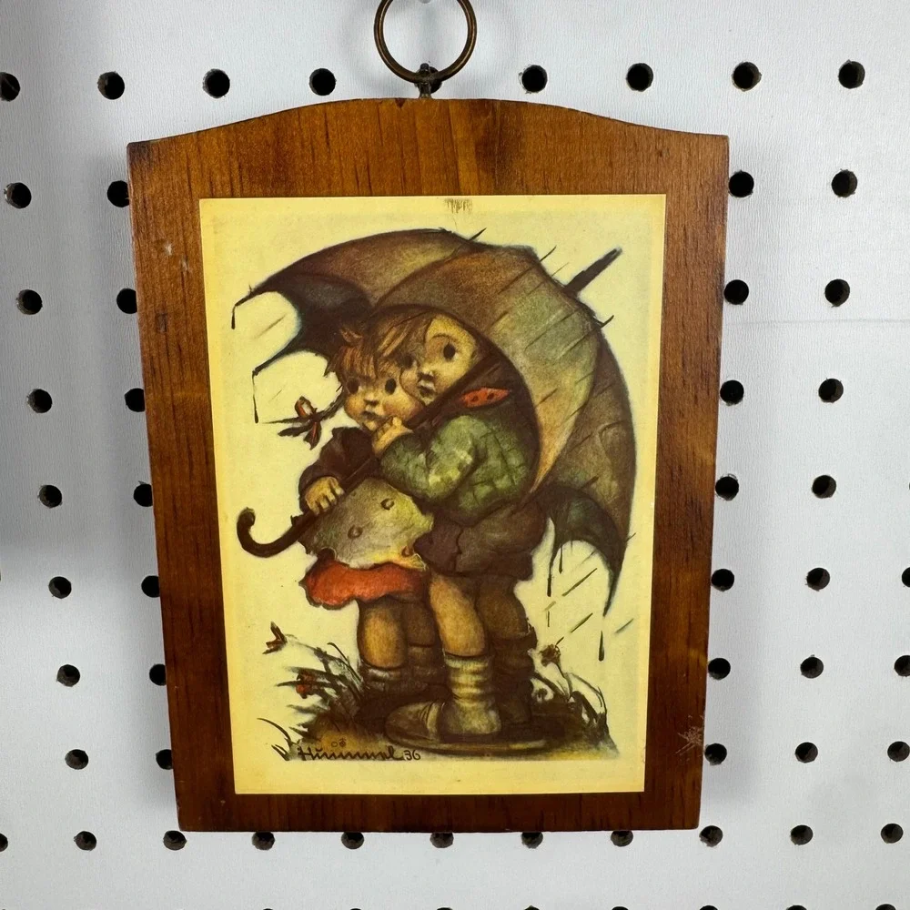 Vintage Hummel Wood Wall Plaques Pair‎ Umbrella Boy and Girl Art Prints Goebel